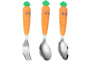 BEYEQCEZ 3 Piezas Cubiertos Bebe, Zanahoria Cubiertos Bebe, Cubertería Infantil para niños de Acero Inoxidable,Cubiertos Infantiles Acero Inoxidable con Tenedores Niños,Cucharas Infantiles