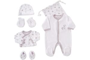 KINOUSSES - Kit Naissance 6 Pièces - 1 mois - Velours Blanc - Motif Girafe - (Pyjama, Body, Bonnet, Moufles, Chaussons et Pochon de Rangement) - Cadeau Bébé Mixte Garçon et Fille
