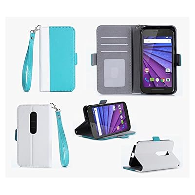 XEPTIO Etui luxe Motorola Moto G 3 (3ème génération) 2015 turquoise/blanc portefeuille avec sangle et porte cartes Cuir Style - Housse Folio Flip Cover coque de protection avec stand Moto G3 - Prix découverte Accessoires pochette XEPTIO : Exceptional…