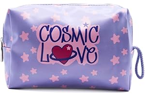 PONETTE - Neceser Vuelta al Cole Infantil con Tejido Metalizado en Color Violeta, Asa con Cordón, Estrellas y Texto Cosmic Love, Niño, Niña, Juvenil, Marca Española