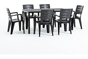 RATTATAN Thomas & Anita - Ensemble de Salle à Manger de Jardin pour 6 Personnes avec Table Thomas et chaises Anita, chaises empilables en résine Effet Bois avec accoudoirs (Anthracite)