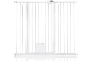 Bettacare Barrière pour Chien avec Chatière Verrouillable, 120,3 cm - 127,9 cm, Blanc, Hauteur de 104 cm, Barrière de Sécurité pour Animaux Extra Haute avec Chatière pour Chat