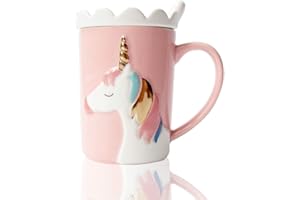 BigNoseDeer Keramik Tassen Einhorn Becher,Kaffeetasse Milch Teetassen mit Spitzendeckel und Löffel für Kinder, Frauen, Mädchen