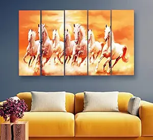 Artdira 7 Horses Vastu Prosperity Multiple Frames Wall Painting For Living Spaces, Bedroom, Hotels & Office With Sparkle Touch 7mm Hard Wooden Board (50 30 inches) AD_MFC_69