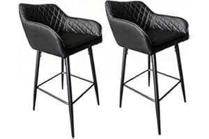 Requena Pair of Bar Stools with Leatherette Upholstered Seat, Armrest & Backrest, Black Metal Legs, for Kitchen and Breakfast Bar (BAR01, Leather-Black-1)