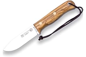 Joker Cuchillo bushcraft BS9 Campero CO112, Mango de Madera de Olivo, Funda Piel, Hoja de 10,5 cm en Acero Sandvik 14C28N, Herramienta de Pesca, Caza, Camping y Senderismo
