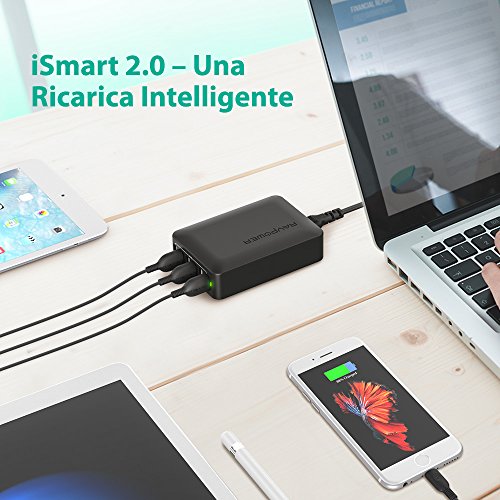 Caricatore USB a Muro 60W 12A con 6 Porte di RAVPower Stazione Ricarica iSmart CompatibilitÃ  Universale Triplo Meccanismo di Protezione - Nero