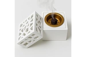 JROSE COLLECTIONS White Resin Bakhoor Burner with Brass Insert – Geometric Cut Design Incense Burner for Home, Prayer Room, Meditation – Heat Resistant Lid for Bakhoor & Incense Bricks JR23081