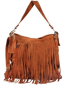 Campello Premium - große Fransen Schultertasche Handtaschen UsedLook StoneWashed Wildleder Rindleder Gypset-Look...