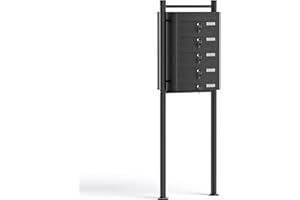 ‎WILTEC Wiltec 5er Briefkastenanlage schwarz 556 x 270 x 1500 mm, Standbriefkasten mit 5 Fächern, Schlüssel und Namensschild, Briefkasten Postkasten mit Ständer