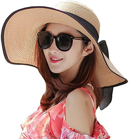 Itopfoxeu Women's Big Bowknot Straw Hat Floppy Roll up Beach Cap Big Brim Floppy Sun Hat