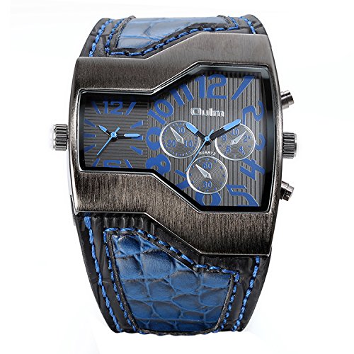 Avaner Grande Reloj de Hombre Militar Deportivo Reloj de Pulsera Azul, Correa de Cuero Ancha Reloj de Piloto 2 Zonas de Horarios Diferentes, 3 Subesferas Decorativas
