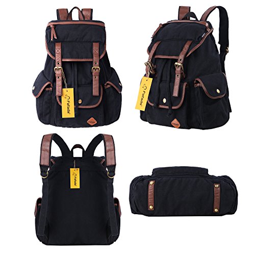 Fafada Rucksack Canvas Vintage Damen Mädchen Leder Retro Laptop backpack Schulrucksack Daypack für Campus Studenten und Outdoor Reisen (Schwarz/Blau/Armeegrün/Kaffee) - 4