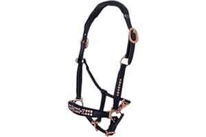 TYSONS BREECHES Lederhalfter ergonomisch Svarovski German Rose Roségold Schwarz Glitzer Nase u Seite Strass VB WB X Full KB Tysons Leder Halfter (X Full)