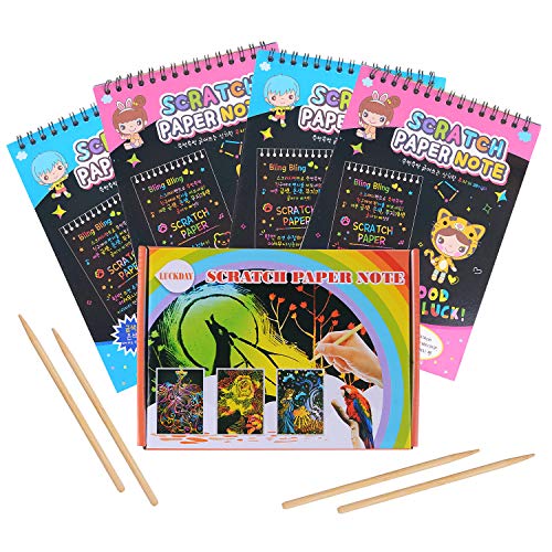 LUCKDAY Manualidades para Niños, Manualidades para Rascar Scratch Art 4 Cuadernos para Dibujar Papel de Rascar Incluye 4 Lápices de Madera