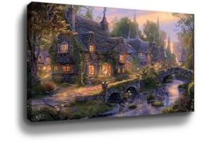 BOHU ARTS Vintage Painting Cobblestone Evening Wall Art Framed Landscape Canvas Art For Livingroom Bedroom Office