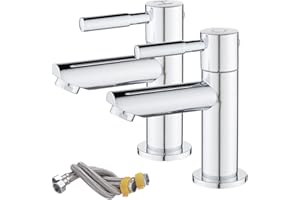 Maynosi Bathroom Basin Pillar Taps, Pair Basin Sink Mixer Taps, 1/4 Turn Washroom Pair Faucets Twin Lever, 2 Pcs Modern Taps, Include Flexible Hoses, Brass (Chrome)