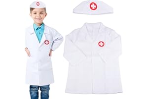 HENGBIRD Fartuch lekarski dla dzieci, kostium lekarza, fartuch laboratoryjny, fartuch pielęgniarski, fartuch i czapka, akcesoria dla dziewcząt, chłopców, zabawka, prezenty od 3, 4, 5, 6, 7, 8 lat