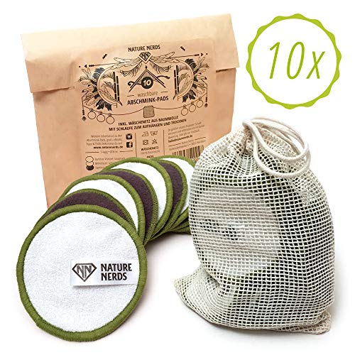 Nature Nerds - 10er Set Abschmink-Pads waschbar und wiederverwendbar, Make-up Entferner Pads aus Bambus inkl. Wäschenetz (10er Set)