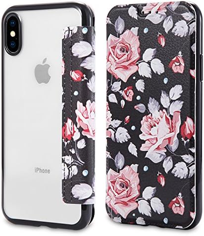 iPhone X Case,iPhone 10 Case,Snewill Slim PU Leather Folio Flip Wallet Case with Card Slot &amp; Clear Soft TPU Back Cover for Apple iPhone X/10-Rose Flower