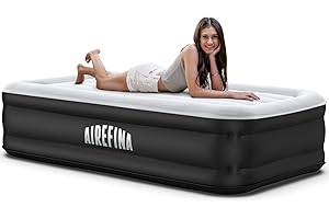 Airefina Luxury Single Air bed with Built in Pump, Inflatable Air Mattress Fast Inflation, Flocking Surface Blow Up Bed for Home Guest, Portable Airbed for Camping, I-Beam Technology 190x100x46cm