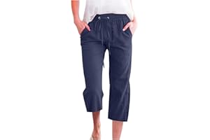 CHNNAMZU Pantacourt Lin Femme Ete Fluide DéContracté Taille Elastique LéGer avec Poches Grande Taille Ample Pantalon De Jogging à Cordon Couleur Unie 3/4 Pantacourt Confortable Pants de Plage
