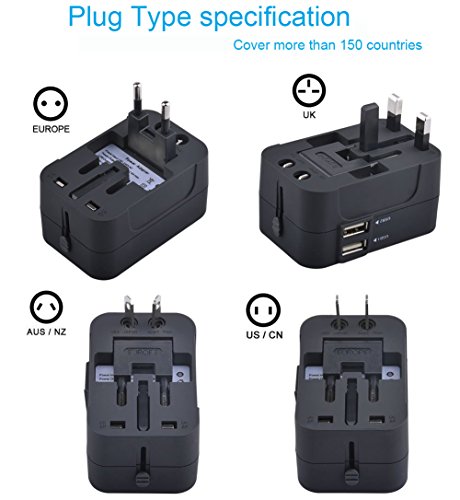 Reiseadapter, weltweit All in One Universal Power Konverter Wand AC Power Plug Adapter Power Plug Wall Ladegerät mit Dual USB-Anschlüsse für USA EU UK Aus Handy Laptop - 2