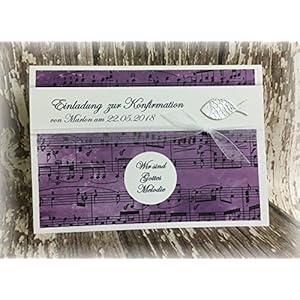 Einladung Einladungskarte Kommunion Konfirmation Musik Melodie Fisch silber lila violett