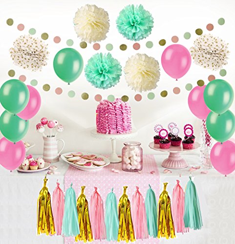 Wartoon 6 Seidenpapier Pompons Blumen und 12 Quasten Girlande, 2 Polka Dot Papier Girlande, 10 Luftballons Latexballons für Geburtstag, Hochzeit, Baby Dusche, Parteien, Partei Dekoration - 5