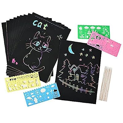 Fashionbabies 40 feuilles papier à gratter pour les enfants Rainbow Scratch Art papier papiers de peinture Magic Scratch conseils avec fond Scratch Art feuilles 19 * 26cm + 10 bois Stylus Sticks + 4 pochoirs avec 73 modèles (papier)