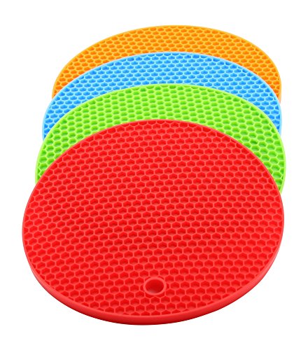 Hochwertige Silikon Topfuntersetzer/Topflappen Rund 4er Set, Hitzebeständig bis zu 230°C Spülmaschinenfest, Multifunktional einsetzbar, Deckelöffner, Topfschoner, Topflappen/Topfuntersetzer - 4