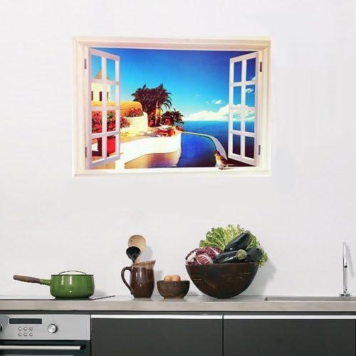 Walplus Wall Stickers Window Seaview Removable Self-Adhesive Mural Art Decals Vinyl Home Decoration DIY Living Bedroom Office Décor Wallpaper Kids Room Gift, Multi-colour