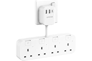 ANVODE Multi Plug Extension with 3 USB (1 Type C), 4 Way Plug Adapter with Individual Switches, Short Cable Extension Lead Socket Adaptor (White)