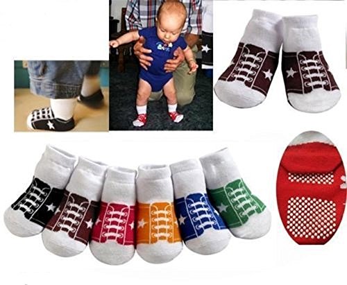 CUTE 6 PACK OF BABY BOYS GIRLS BASEBALL TRAINER STYLE ANTI SLIP GRIPS SOCKS AGE 1 -2 12 18 24 MONTHS