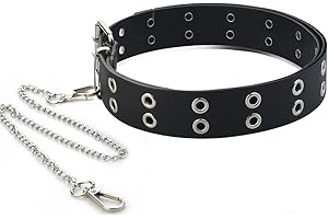 DURANTEY Cinturones Doble Hebilla Mujer de Cuero PU Cinturón de Remaches Cinturón Punk Mujer Cinturón Ojales Negro Cinturón Agujeros Decorativo con Cadena de Metal para Mujeres y Hombres- 3.8 * 110cm