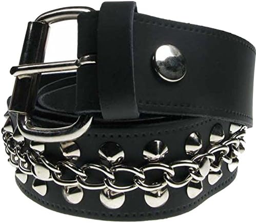 38mm 2 Row Conical W/Middle Chain Real Leather 1.5" Wide Gothic Punk Biker Studded Fashion Jean Belt For Mens Womens Handmade In England (XLarge 40"-44", Black)