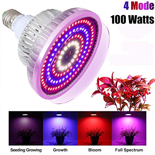 Lámpara LED para plantas, 100 W, lámpara de crecimiento, 4 modos, E27, espectro completo, para crecimiento de plantas, para jardín, invernadero, plantas de interior, flores, flores y verduras