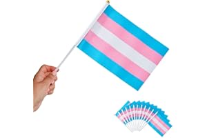 Runesol 12 Pack Hand Held Transgender Flags, 14cm x 21cm, Mini LGBTQ Flags, Small Flags on Sticks, LGBT Party Decorations on Stick, LGBTQ+, Events, Celebrations, Trans Pride Decorations