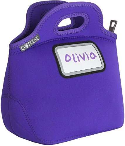Identi Tote: Kids' Insulated Neoprene Lunch Bag with Reflective ID Card Pocket ~ Reusable, Foldable, Washable, Unisex, 28 x 28 x 16.5 cm (HxWxD) , PURPLE + 3 Blank Name Cards by GOPRENE