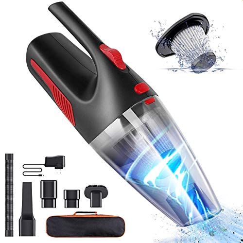 Aspiradora de Coche, 4500PA/120W Potente Aspiradora de Mano en Seco y Húmedo Sin Cable Aspiradoras con Luz LED, Lavable HEPA Filtro, 3 Boquillas para Hogar y Coche