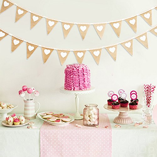 PsmGoods® Weinlese-Herz Jute Sackleinen hessischen Bunting Banner Flag für Hochzeitsfest-Dekoration-weiße Spitze 3m - 4