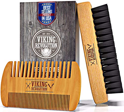 Beard Comb & Beard Brush Set for Men - Natural Boar Bristle Brush and Dual Action Pear Wood Comb w/Velvet Travel Pouch - Great for Grooming Beards and Mustaches