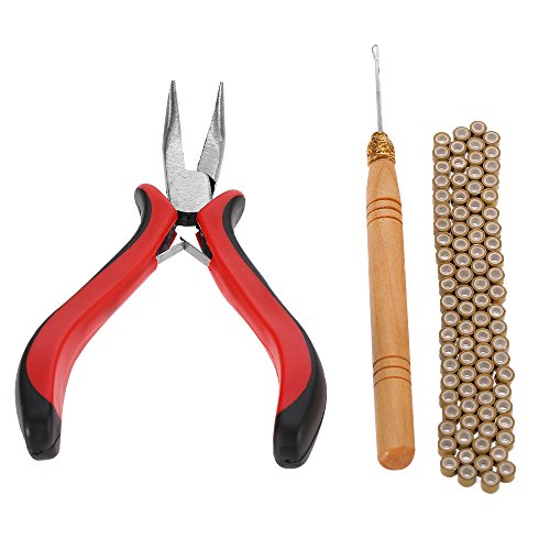 Anself 3Pcs Hair Feather Extension Tool Kit Plier Hook Pulling Needle 100Pc 5mm Black Micro Silicone Link Rings Beads
