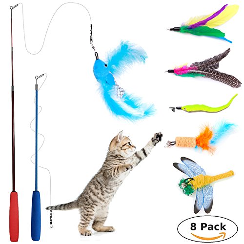[8 in 1] Gato juguete interactivo Cat varita, Wineecy 2 Varita Retráctil con 6 Plumas de ave, Libélula, Pescado para gatos y gatitos