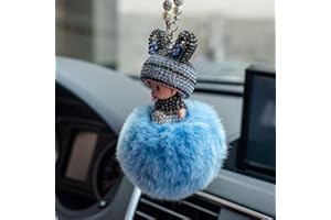SYSUII Bling Strass Rückspiegel Ornament - Süße Puppe Plüsch Ball Auto Hängende Dekoration - Niedlich Spiegel Anhänger Innen Geschenke für Frauen Männer - Blau