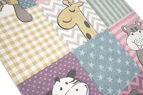 Kinderteppich Spielteppich Kinderzimmer Teppich niedliche Bunte Tiere mit Konturenschnitt mit Hund Giraffe Zebra Bär Katze Nilpferd in Pastellfarben Rosa Türkis Lila Senfgelb Grau Grün Creme Beige Bunt Größe 120×170 cm - 4