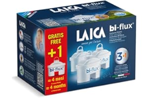 LAICA Filtros de Agua bi-flux (Pack 4) – Conserva Sales Minerales Esenciales, Reduce la Cal, Cloro y Metales Pesados – Compatible con Jarras LAICA y BRITA – 150L/Filtro – Italia