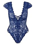 Amorbella Women Sexy Teddy Lingerie One Piece Lace Babydoll Deep V Neck Bodysuit(Navy Blue,Medium)
