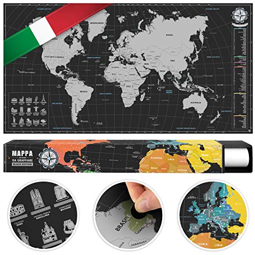 #benehacks Carte du Monde à gratter Poster Mural en Italien - Décoration carnet de Voyage Aventures avec cartographie détaillée - Argent/Noir - 84 x 44 cm