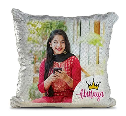 Mukesh Handicrafts Polyester Personalized Magical Cushion with 1 Photo (Golden, Standard Size)